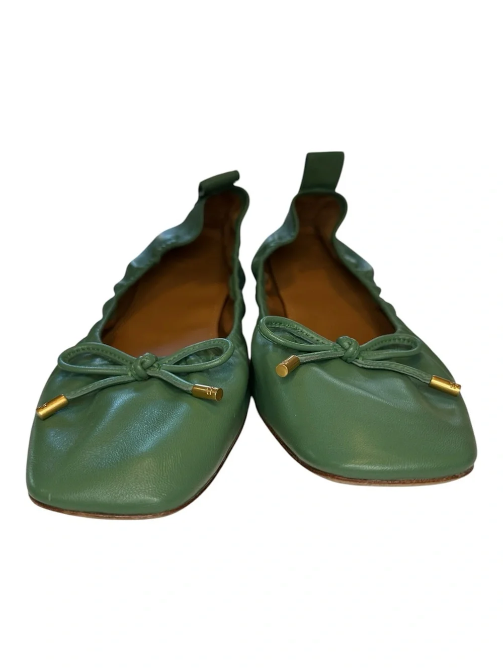 Tory Burch Ballet Flats Dress Shoes Leather Square Toe Bow Green Women’s Size 10
